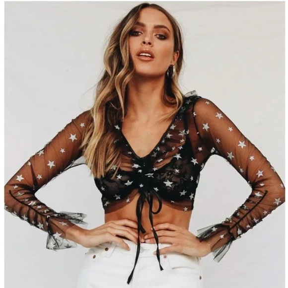 Tops - New Item✨ Silver Stars Black Mesh Top 😍✨